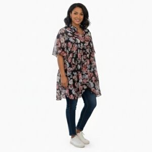 Denim 24/7 Plus Size Black Floral Tiered Tunic Dress 20W Boho Peasant Style